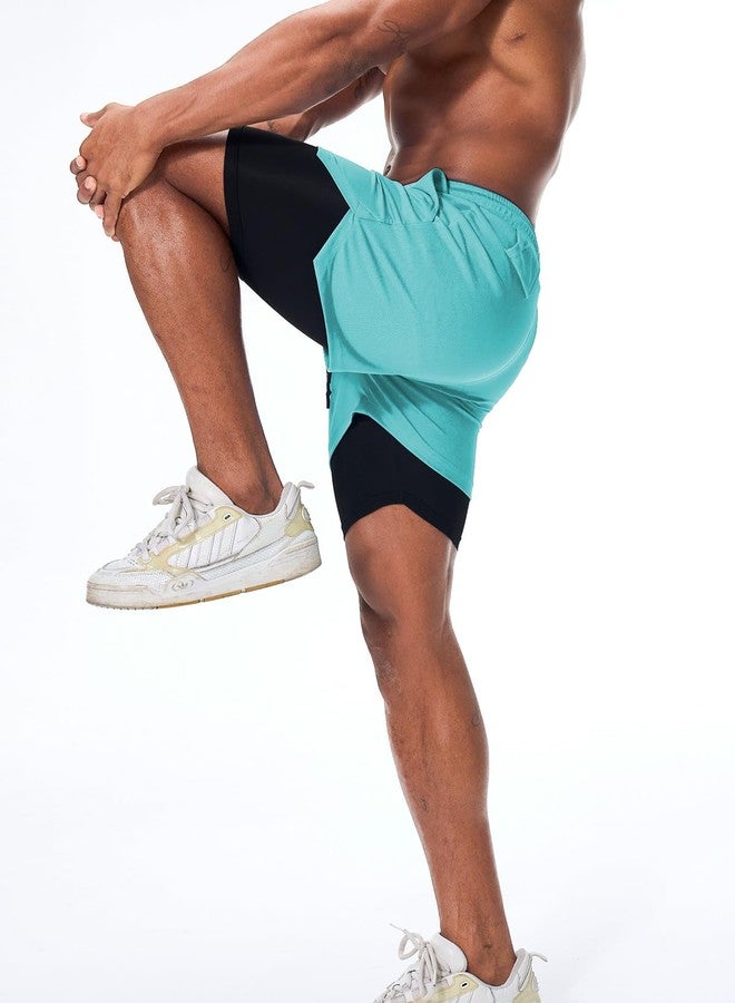 Surenow شورت رياضي رجالي من Surenow، سريع الجفاف، مناسب للتمارين الرياضية، شورت 2 في 1، طوله 5 بوصات، مناسب للجري والتمارين الرياضية، مزود بجيب للهاتف، لون أزرق مخضر. - Image 3